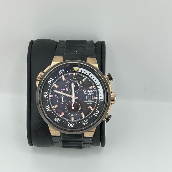Citizen Mens B612-S084334 Eco-Drive Chronograph Watch Black Dial Gold Case 1002
